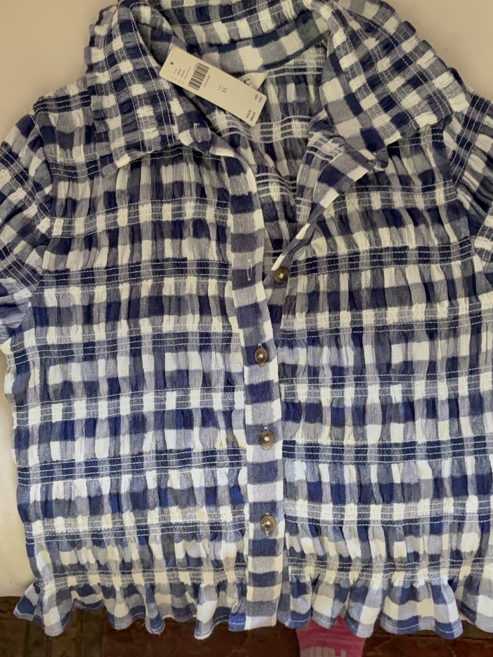 Anthropology Maeve Navy and White Plaid Ruffle Hem Blouse